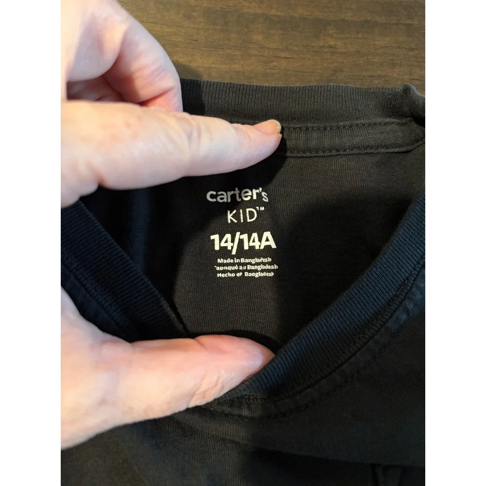 Carters Kid Boys Black Long Sleeve Pocket Tee Shirt Size 14 Cotton Jersey Top